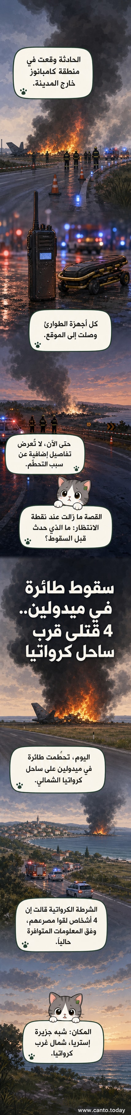 رسم توضيحي لطائرة صغيرة تحطمت قرب ساحل كرواتيا، مع وصول فرق الطوارئ إلى الموقع.