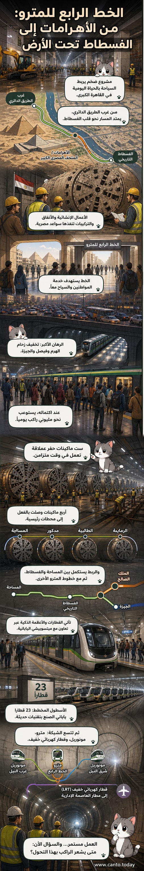 رسم توضيحي للخط الرابع للمترو يمر من الأهرامات إلى الفسطاط، مع ماكينات حفر أنفاق عملاقة وقطارات يابانية حديثة، في بيئة حضرية مزدحمة.