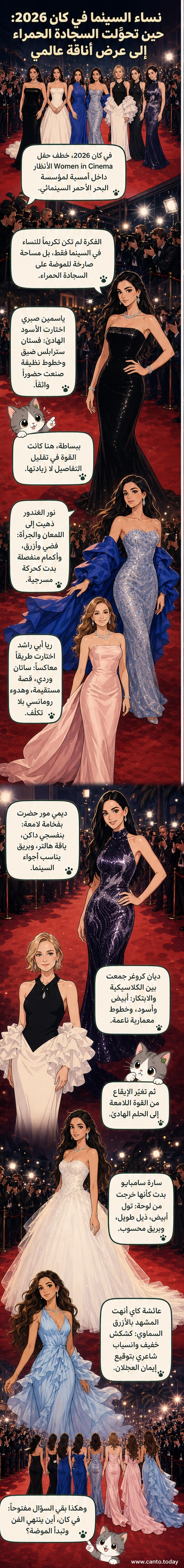 مجموعة من النجمات على السجادة الحمراء في حفل Women in Cinema بمهرجان كان 2026، بإطلالات متنوعة من الفساتين الفاخرة بألوان سوداء، وردية، بنفسجية، وزرقاء، مع تفاصيل مرصعة وطبقات تول.