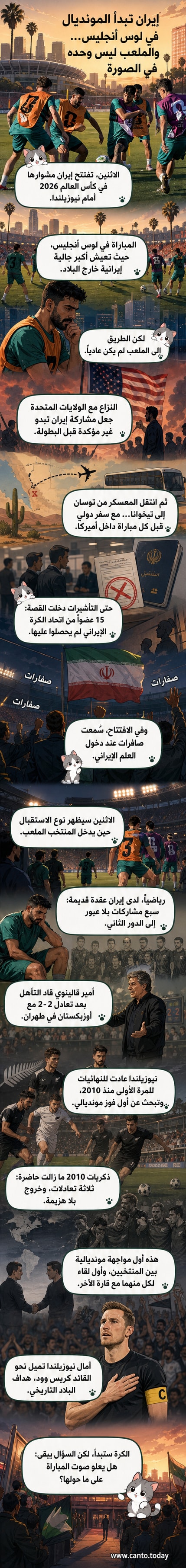 ملعب في لوس أنجلوس مع العلم الإيراني وعلم نيوزيلندا، وجمهور مشحون يهتف، في أجواء مباراة كأس العالم 2026