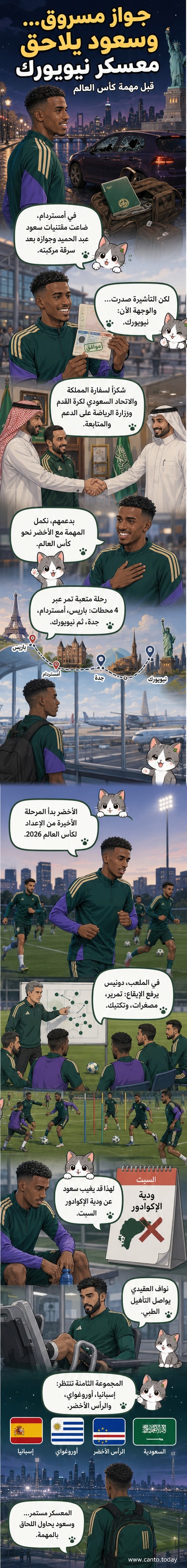 لاعبي المنتخب السعودي في تدريبات تكتيكية بزي أخضر كامل، على ملعب في نيويورك، مع خلفية حضرية.