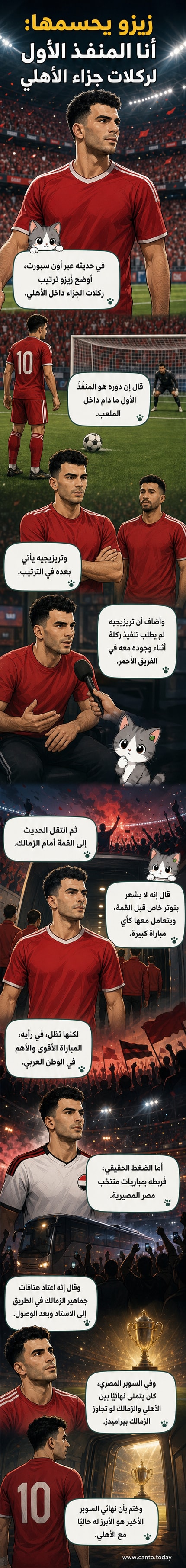 رسم كاريكاتيري لزيزو وهو يسدد ركلة جزاء، وتريزيجيه يقف خلفه، وملعب ممتلئ بالجماهير