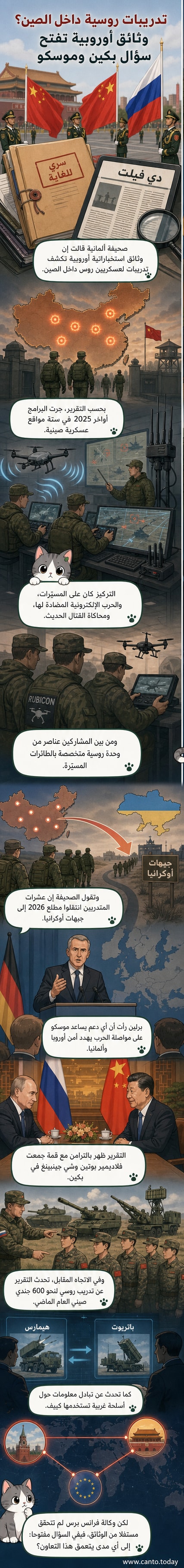 رسم توضيحي يظهر جنوداً روساً في تدريبات عسكرية داخل قاعدة صينية، مع طائرات مسيرة وعناصر مشتركة في الخلفية.