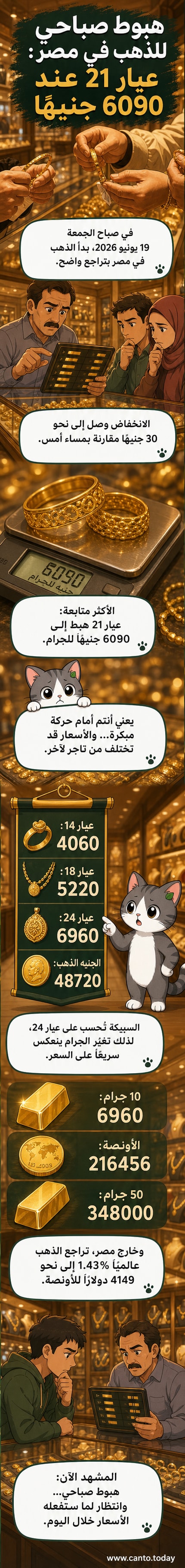 رسم توضيحي يوضح انخفاض أسعار الذهب في مصر يوم الجمعة 19 يونيو 2026، مع عرض تراجع الأعيرة المختلفة من 14 إلى 24 وسعر الجنيه والسبائك.