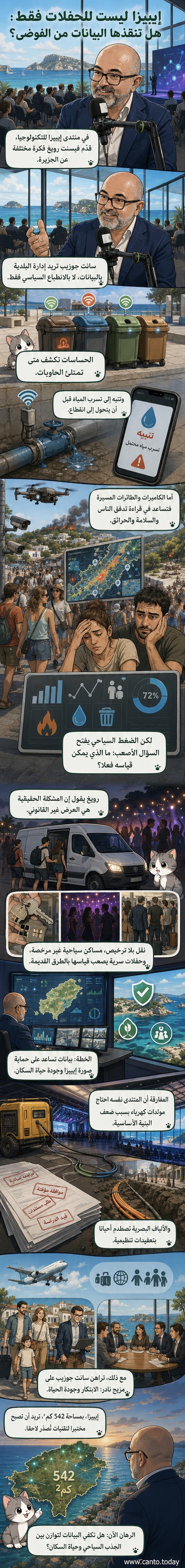 جزيرة إيبيزا تُظهر استخدام الطائرات المسيرة والكاميرات الذكية لمراقبة المدينة، ضمن مبادرة لتحويلها إلى بلدة ذكية تعتمد على البيانات.