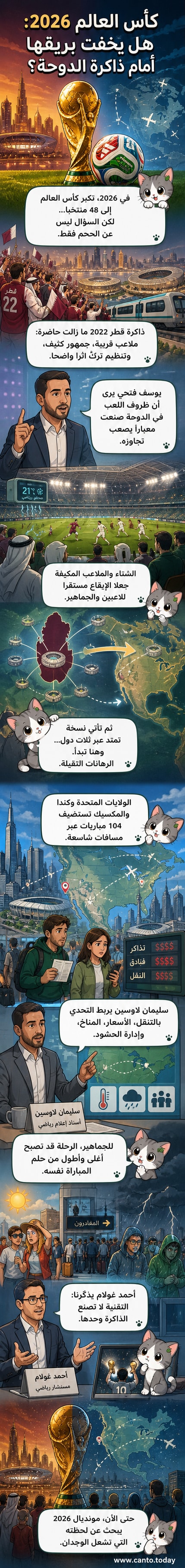 رسم توضيحي يقارن بين مونديال قطر 2022 ومونديال 2026، مع ملاعب مكيفة في قطر مقابل مسافات طويلة وحرارة عالية في أمريكا الشمالية، وجمهور مكثف مقابل تنقل صعب وتكاليف مرتفعة.