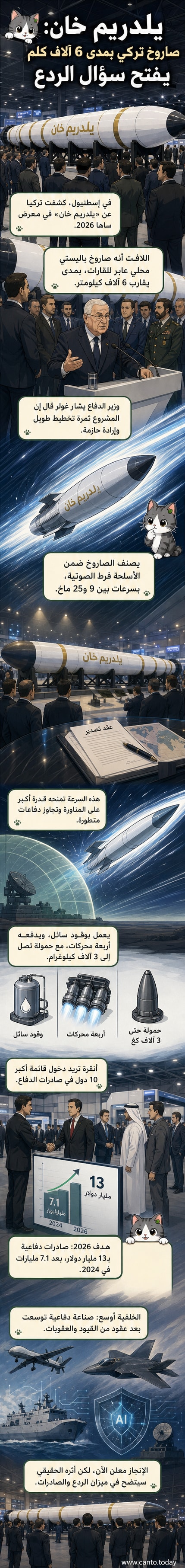 رسم توضيحي لصاروخ 'يلدريم خان' فرط الصوتي يحلق في الغلاف الجوي، مع خلفية لمعرض 'ساها 2026' في إسطنبول وشعار وزارة الدفاع التركية
