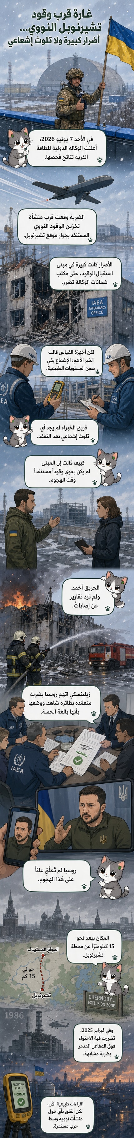 رسم توضيحي لمنشأة نووية مدمرة جزئيًا بعد هجوم بطائرة مسيرة، مع خلفية لمحطة تشيرنوبل، وفريق تفقد يفحص الأضرار من دون ارتفاع في مستويات الإشعاع.