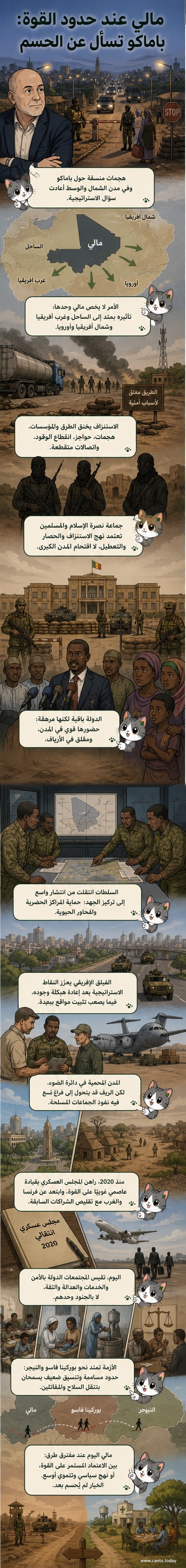 رسم توضيحي يظهر خريطة مالي مع تمثيل بصري لتمركز الجماعات المسلحة في الشمال والوسط، وخطوط تقدم عسكري، وحصار حول باماكو، في سياق صراع معقد بين الدولة والتنظيمات المسلحة.