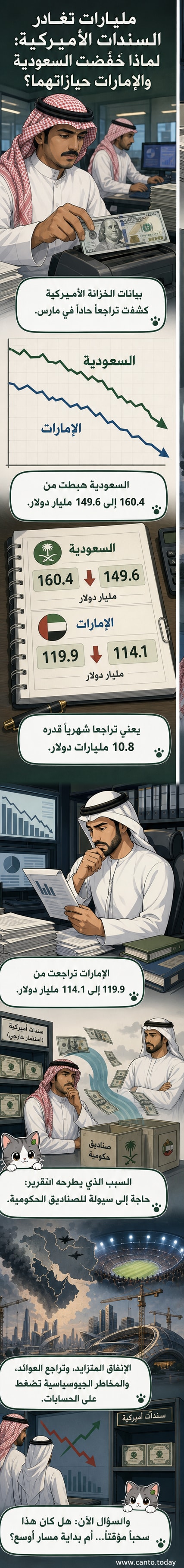رسم بياني يوضح انخفاض حيازات السعودية والإمارات من السندات الأمريكية في مارس 2026، مع سهمين نازلين بجانب علمي البلدين