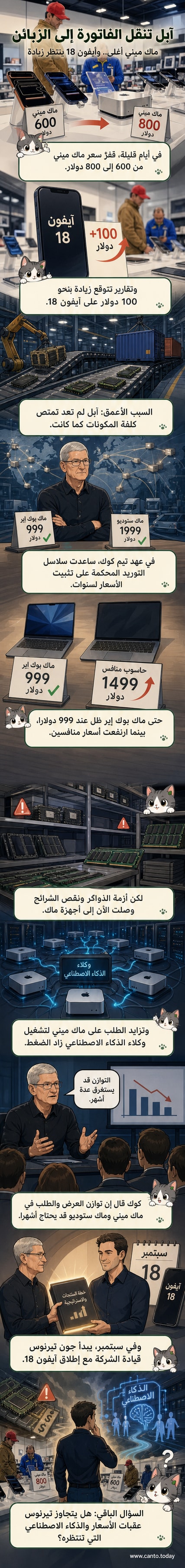 رسم توضيحي لجهازي آيفون 18 وآبل ماك ميني مع سهم يشير إلى ارتفاع في السعر، في خلفية تظهر أجزاء إلكترونية وشريحة معالج