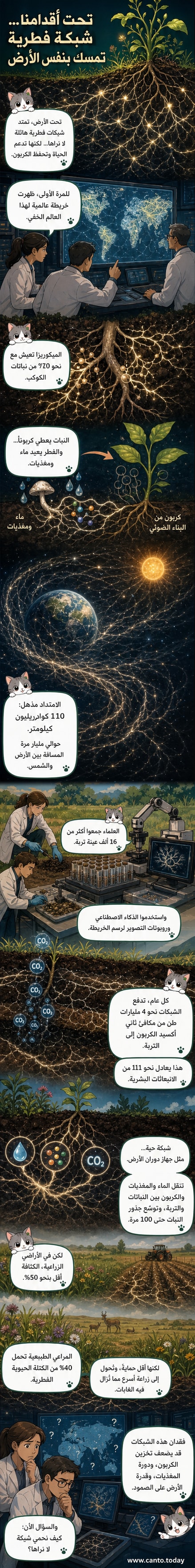 رسم توضيحي يظهر شبكة فطرية رقيقة تمتد تحت سطح الأرض، متصلة بجذور النباتات، مع إضاءة خافتة تشير إلى النشاط البيولوجي تحت التربة.