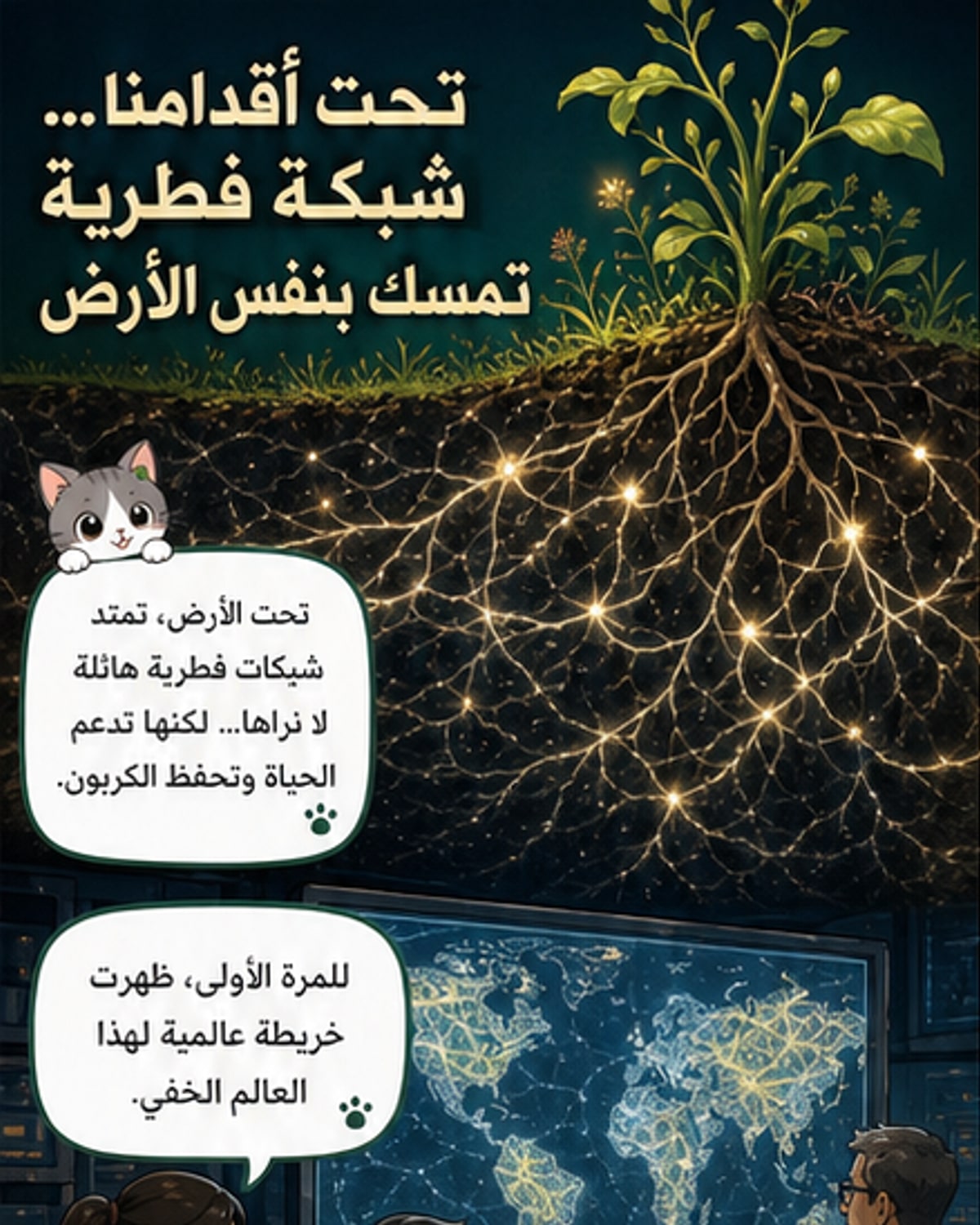 رسم توضيحي يظهر شبكة فطرية رقيقة تمتد تحت سطح الأرض، متصلة بجذور النباتات، مع إضاءة خافتة تشير إلى النشاط البيولوجي تحت التربة.