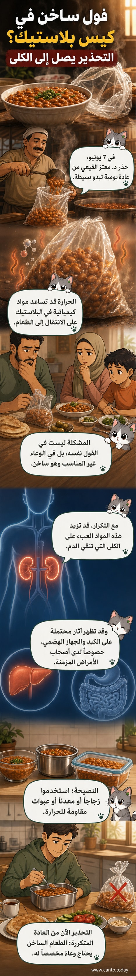 رسم توضيحي يظهر كيس بلاستيكي يحتوي فولًا ساخنًا بجانب كليتين، مع سهم يشير إلى انتقال مواد كيميائية من البلاستيك إلى الطعام ثم إلى الجسم.