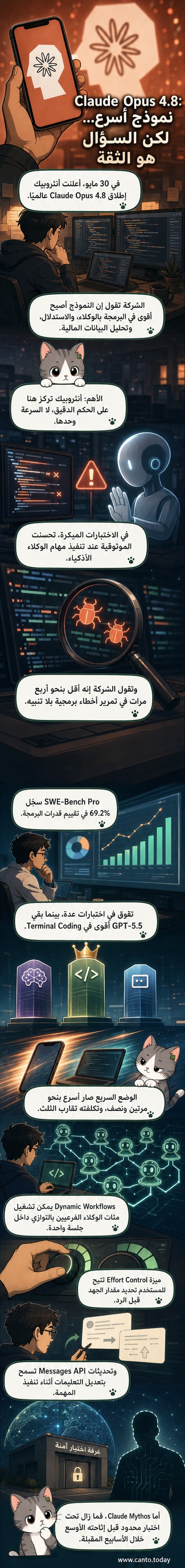 تصميم توضيحي يعرض شاشة حاسوب تُظهر واجهة نموذج الذكاء الاصطناعي كلاود أوبوس 4.8 مع رموز تمثل السرعة، الدقة، والبرمجة