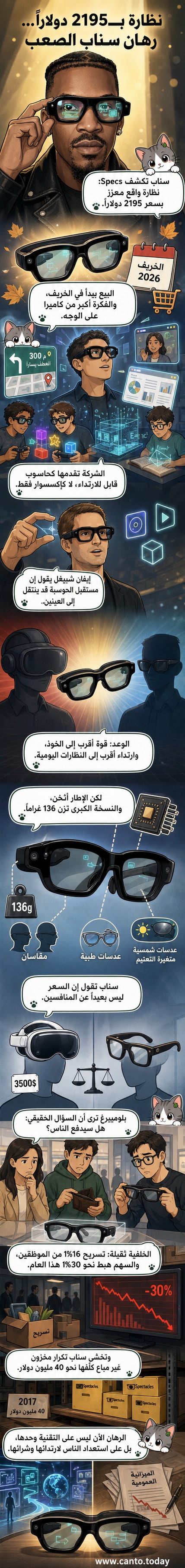 نظارة ذكية سوداء بتصميم أنيق، تشبه النظارات التقليدية لكن بإطار سميك يحتوي على كاميرات ومستشعرات، وخلفية تُظهر شاشة افتراضية تطفو في الهواء.