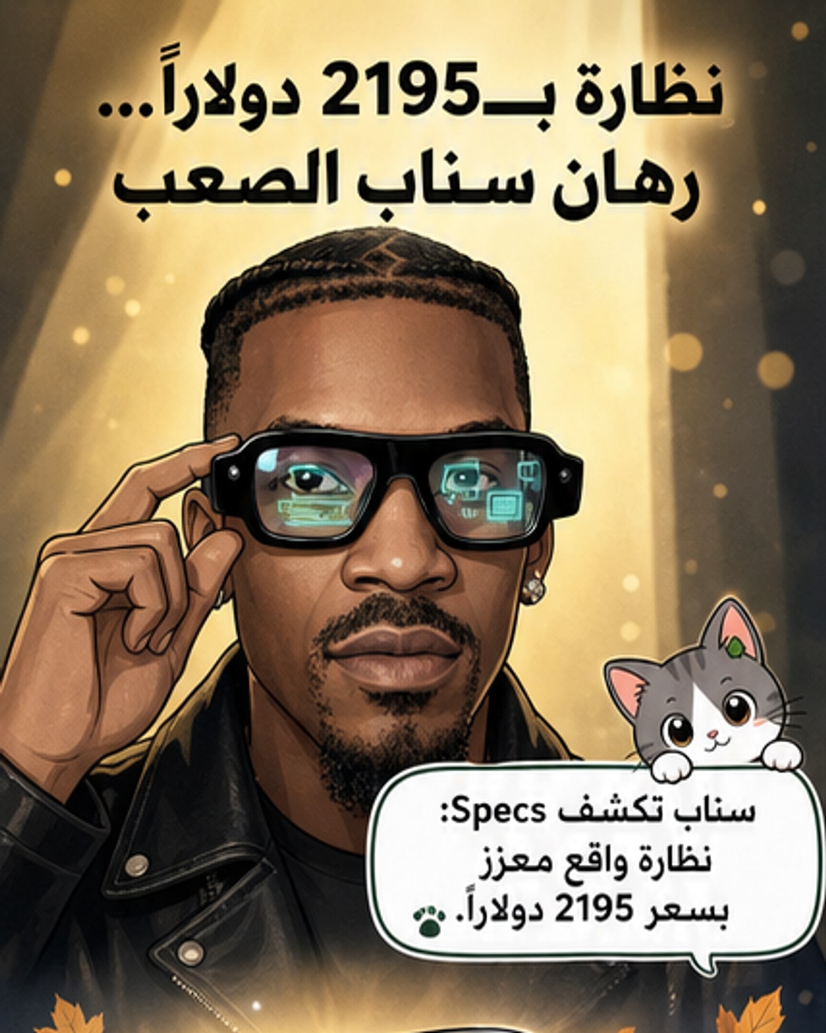 نظارة ذكية سوداء بتصميم أنيق، تشبه النظارات التقليدية لكن بإطار سميك يحتوي على كاميرات ومستشعرات، وخلفية تُظهر شاشة افتراضية تطفو في الهواء.