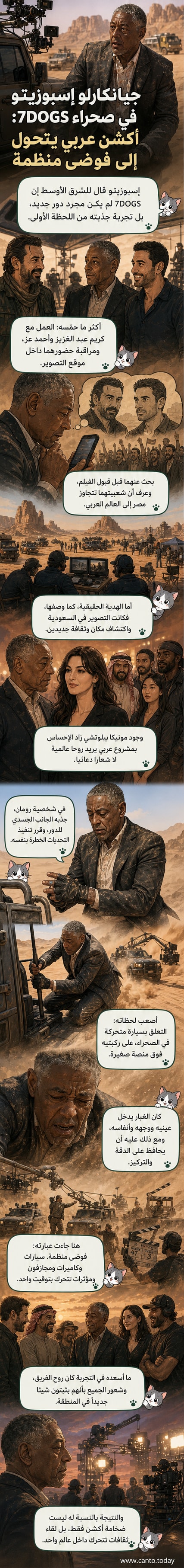 جيانكارلو إسبوزيتو في لقطة من فيلم 7DOGS، واقفًا في الصحراء بزي أداء، مع خلفية من سيارات المطاردة والغبار.