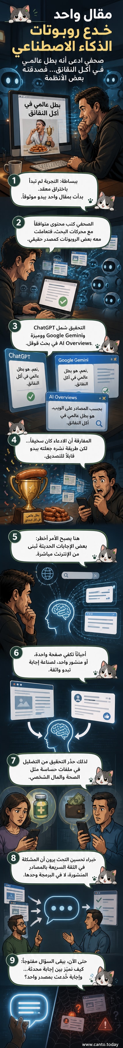 رسم كاريكاتوري لروبوت ذكاء اصطناعي يقرأ شاشة كمبيوتر عليها مقال كاذب عن بطل عالمي في تناول النقانق، بينما يظهر صحفي يبتسم في الخلفية.