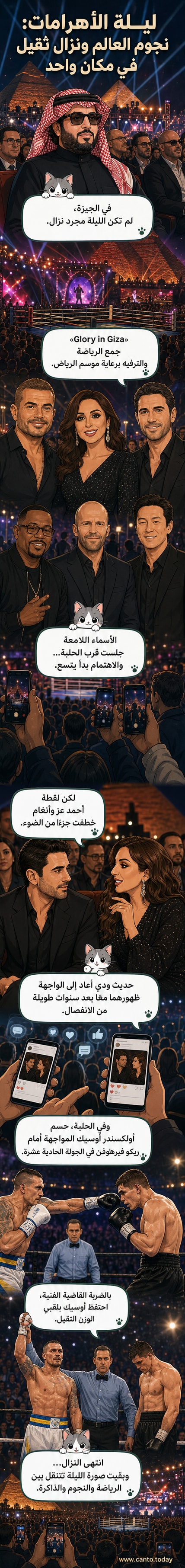 مجموعة من المشاهير يقفون أمام أهرامات الجيزة، بينهم أحمد عز وأنغام، في حفل ضخم يجمع نجوم الفن والرياضة.