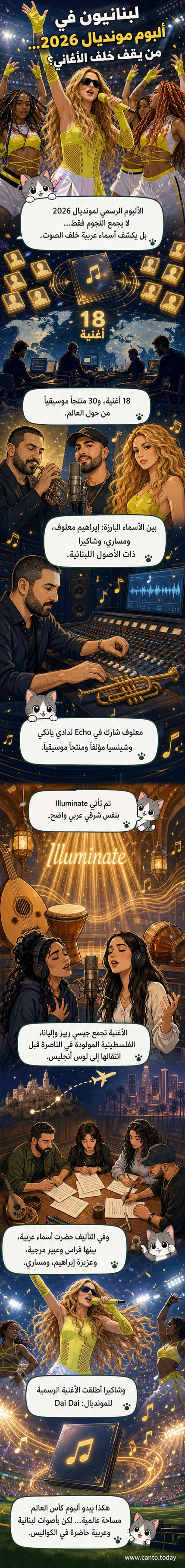 فنانون لبنانيون يشاركون في إنتاج ألبوم كأس العالم 2026، بينهم إبراهيم معلوف ومساري وشاكيرا.