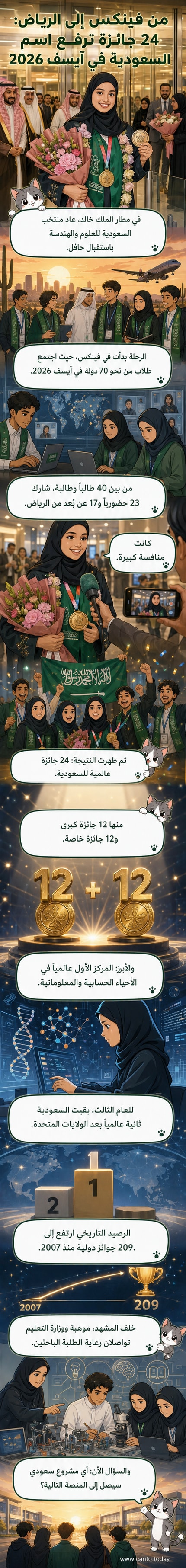فريق من طلاب وطالبات المنتخب السعودي للعلوم والهندسة يحملون أعلام المملكة بعد عودتهم من معرض آيسف 2026، وهم يبتسمون في مطار الملك خالد الدولي بالرياض