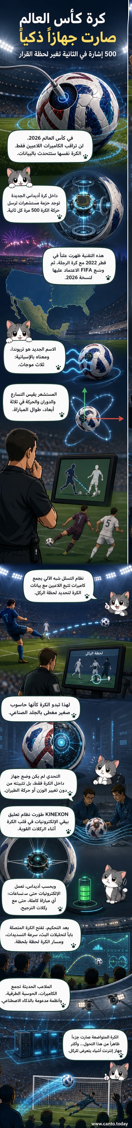 رسم توضيحي لداخل كرة قدم ذكية تُظهر مستشعرات ودوائر إلكترونية مدمجة، مع خلفية ملعب كأس العالم.