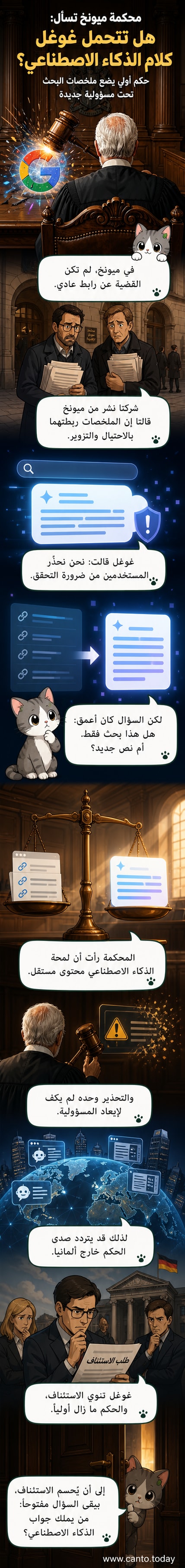 رسم توضيحي يظهر شعار غوغل مع رمز ذكاء اصطناعي، وسهم يشير إلى محكمة ألمانية، في إشارة إلى المسؤولية القانونية عن المحتوى المُنشأ آليًا.