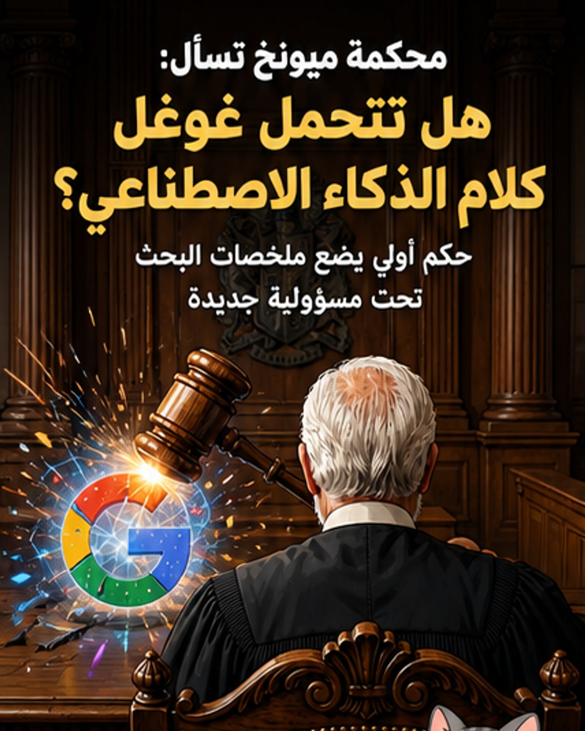 رسم توضيحي يظهر شعار غوغل مع رمز ذكاء اصطناعي، وسهم يشير إلى محكمة ألمانية، في إشارة إلى المسؤولية القانونية عن المحتوى المُنشأ آليًا.