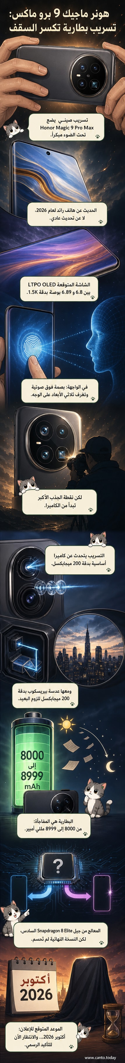 مُخطط توضيحي لهاتف هونر ماجيك 9 برو ماكس مع شاشة منحنية وثلاث كاميرات خلفية