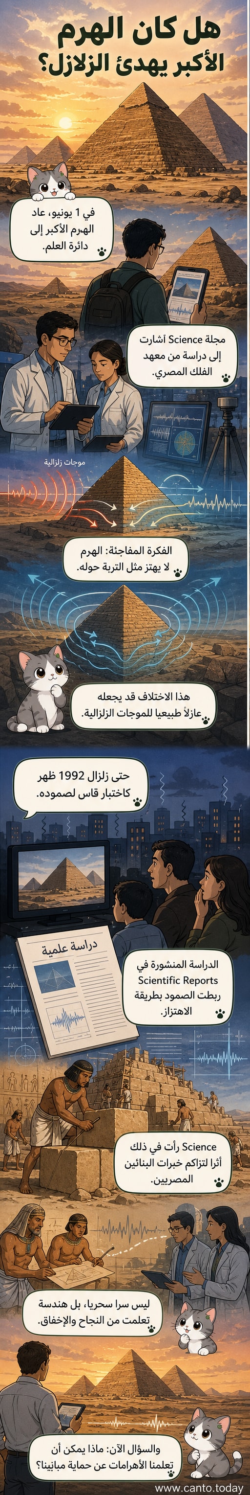 رسم توضيحي للهرم الأكبر مع موجات زلزالية تتشتت حوله، يوضح كيف يعمل كمُخمّد طبيعي للزلازل.