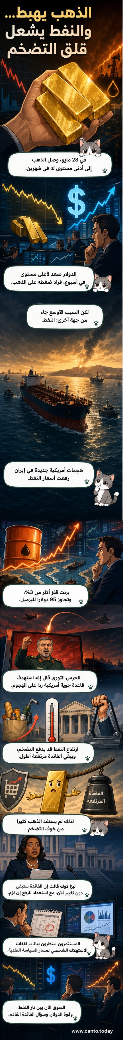 رسم توضيحي يظهر منحنى تراجع الذهب وصعود النفط على خلفية توترات جيوسياسية بين أمريكا وإيران