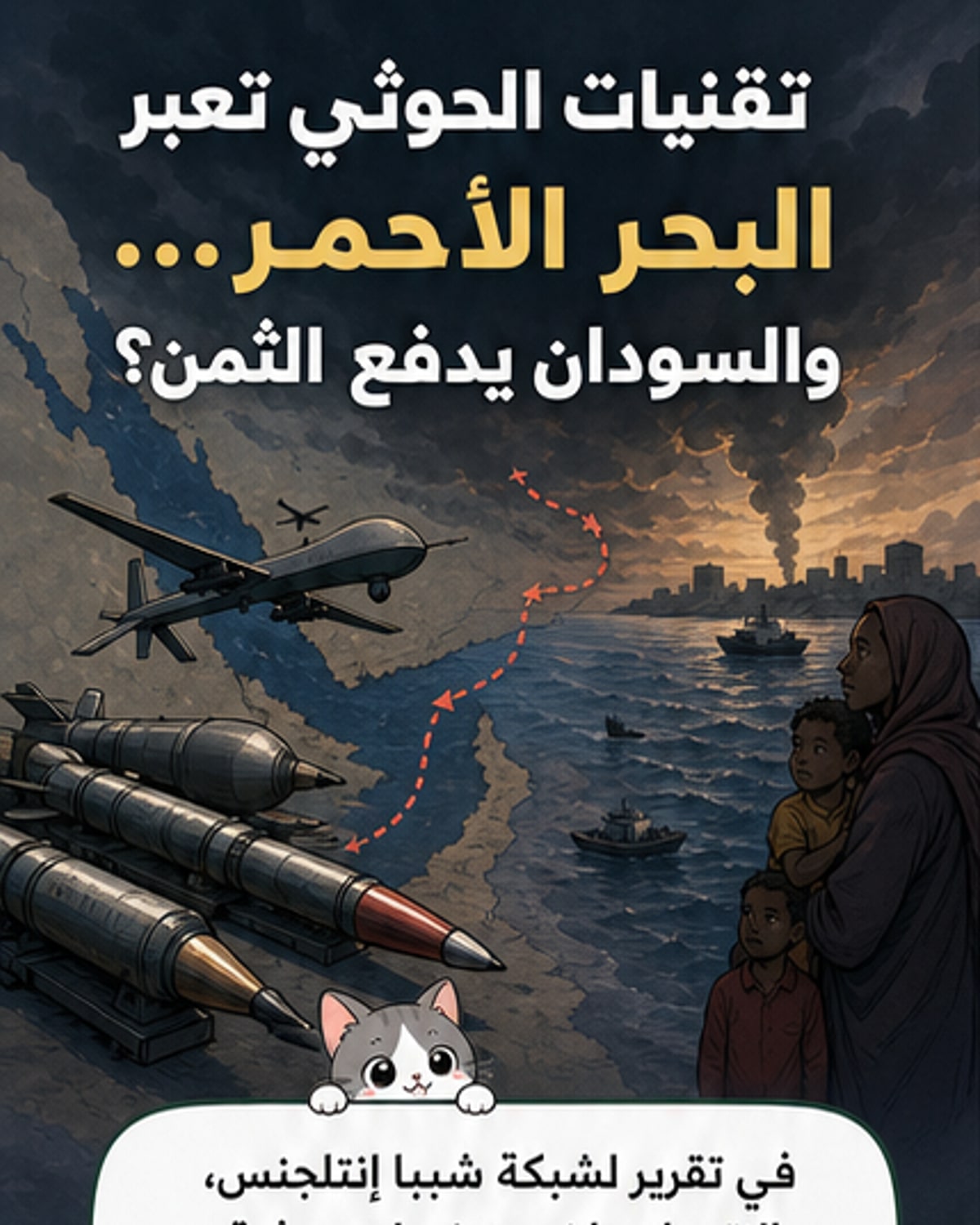 رسم توضيحي يظهر مسار تهريب تقنيات عسكرية من اليمن عبر البحر الأحمر إلى السودان، مع إبراز جزر إريترية كنقاط ترانزيت وعناصر مسلحة تتلقى تدريبات على طائرات مسيرة.