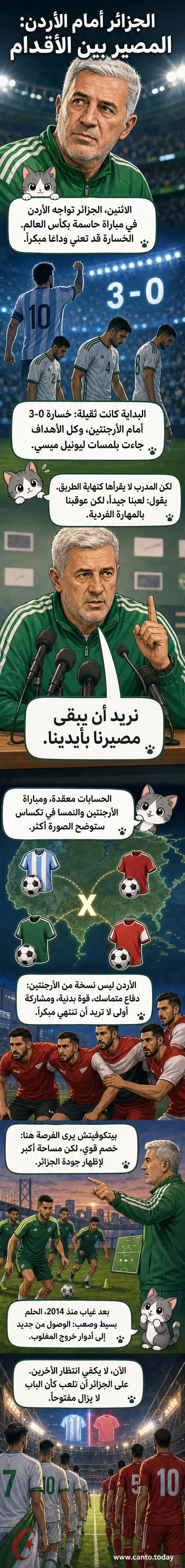 رسم كرتوني لمدرب الجزائر فلاديمير بيتكوفيتش يتحدث في مؤتمر صحفي، مع خلفية تضم شعار كأس العالم وعلم الجزائر، بينما يظهر ليونيل ميسي في زاوية صغيرة بعد تسجيله أهدافًا.