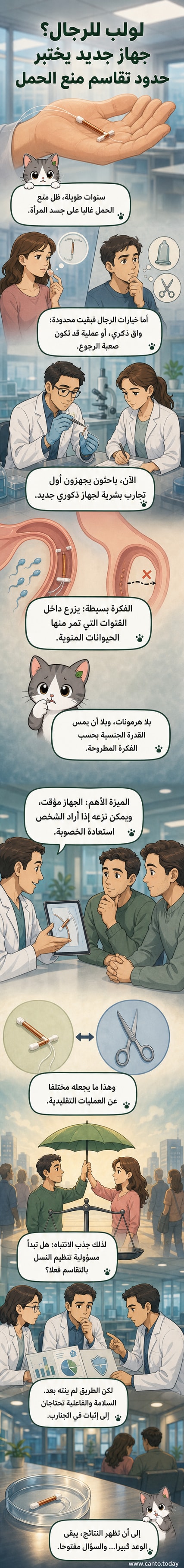 رسم توضيحي لجهاز ذكوري جديد يشبه اللولب النسائي، مُثبت في القناة المنوية لمنع وصول الحيوانات المنوية للسائل المنوي.