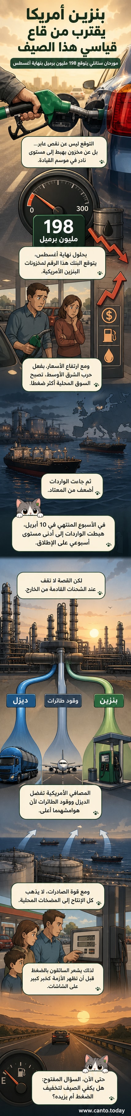 رسم توضيحي يظهر منحنى انخفاض مخزون البنزين في الولايات المتحدة مع محطات تعبئة وقود وسفن شحن ورافعات نفط في الخلفية، مع إشارة إلى 198 مليون برميل كأدنى مستوى متوقع بحلول أغسطس 2026.