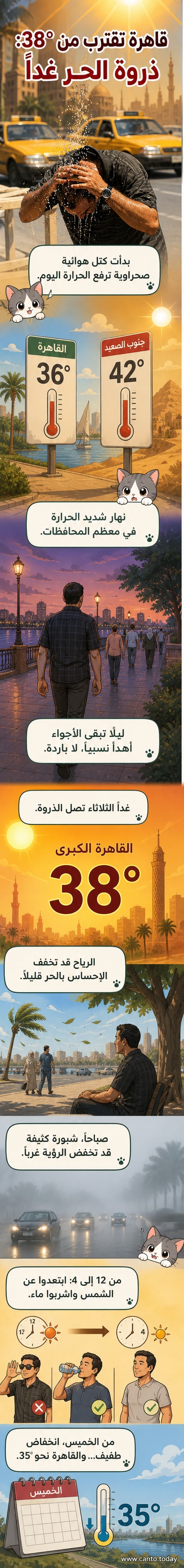 رسم توضيحي يظهر ارتفاع درجات الحرارة في القاهرة إلى 38 درجة مئوية مع موجة حر، ونشاط الرياح، وتشكل شبورة مائية في الصباح الباكر.