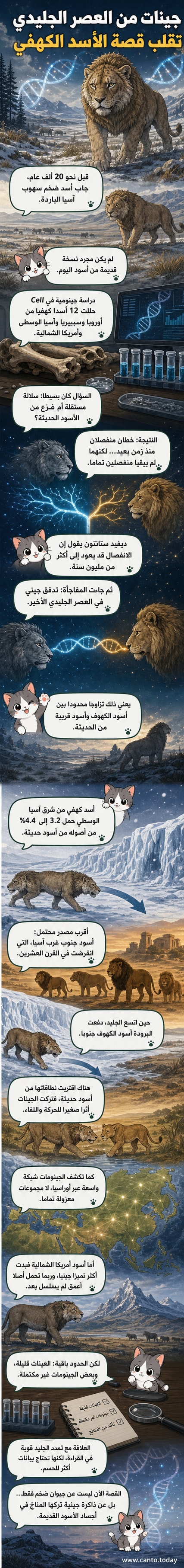 رسم توضيحي لأسد كهفي ضخم يسير في سهوب آسيا المغطاة بالثلوج، مع ظهور خريطة توضح انتشاره عبر أوراسيا وعينة جينية مكبرة في الخلفية.