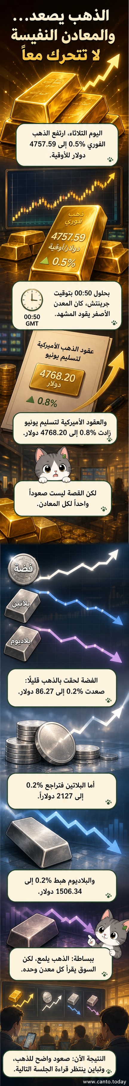 رسم توضيحي يظهر سعر الذهب مرتفعًا مع تباين في أداء المعادن النفيسة الأخرى مثل الفضة والبلاتين والبلاديوم.