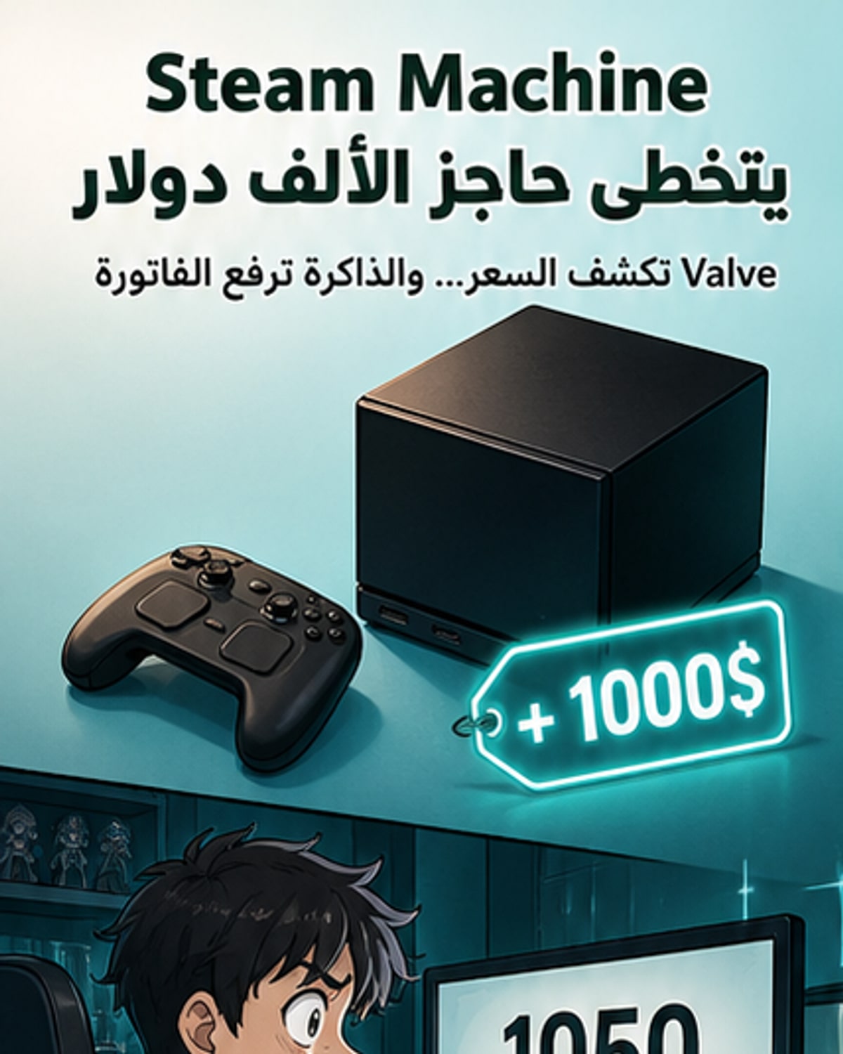 صورة توضيحية لجهاز Steam Machine بتصميم أنيق مع شاشة خلفية تعرض واجهة Steam وعناوين ألعاب شهيرة.