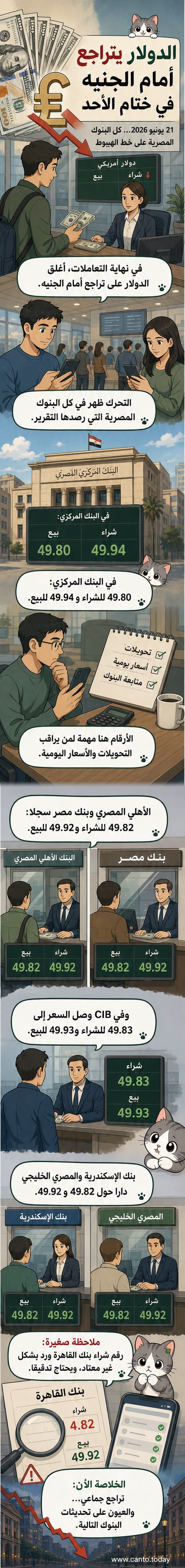 رسم بياني يوضح تراجع سعر الدولار أمام الجنيه المصري في بنوك متعددة نهاية تعاملات يوم الأحد 21 يونيو 2026