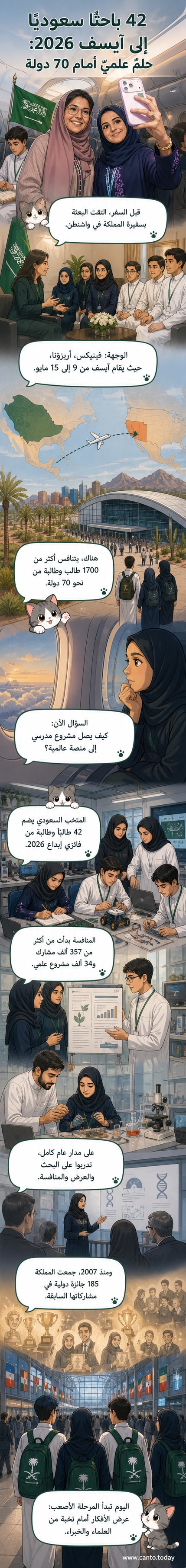 مجموعة من الطلاب السعوديين يرتدون الزي الرسمي، يحملون علم المملكة، يستعدون للسفر إلى معرض عالمي للعلوم والهندسة في الولايات المتحدة.
