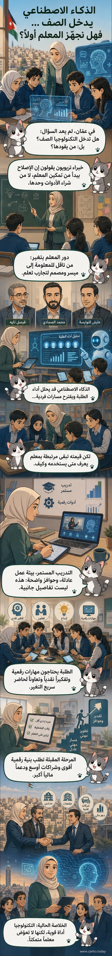 معلم يقف أمام شاشة عرض رقمية تعرض رموزاً للذكاء الاصطناعي والتكنولوجيا، بينما يتفاعل طلاب في الصف مع أجهزة لوحية، في بيئة صفية حديثة.