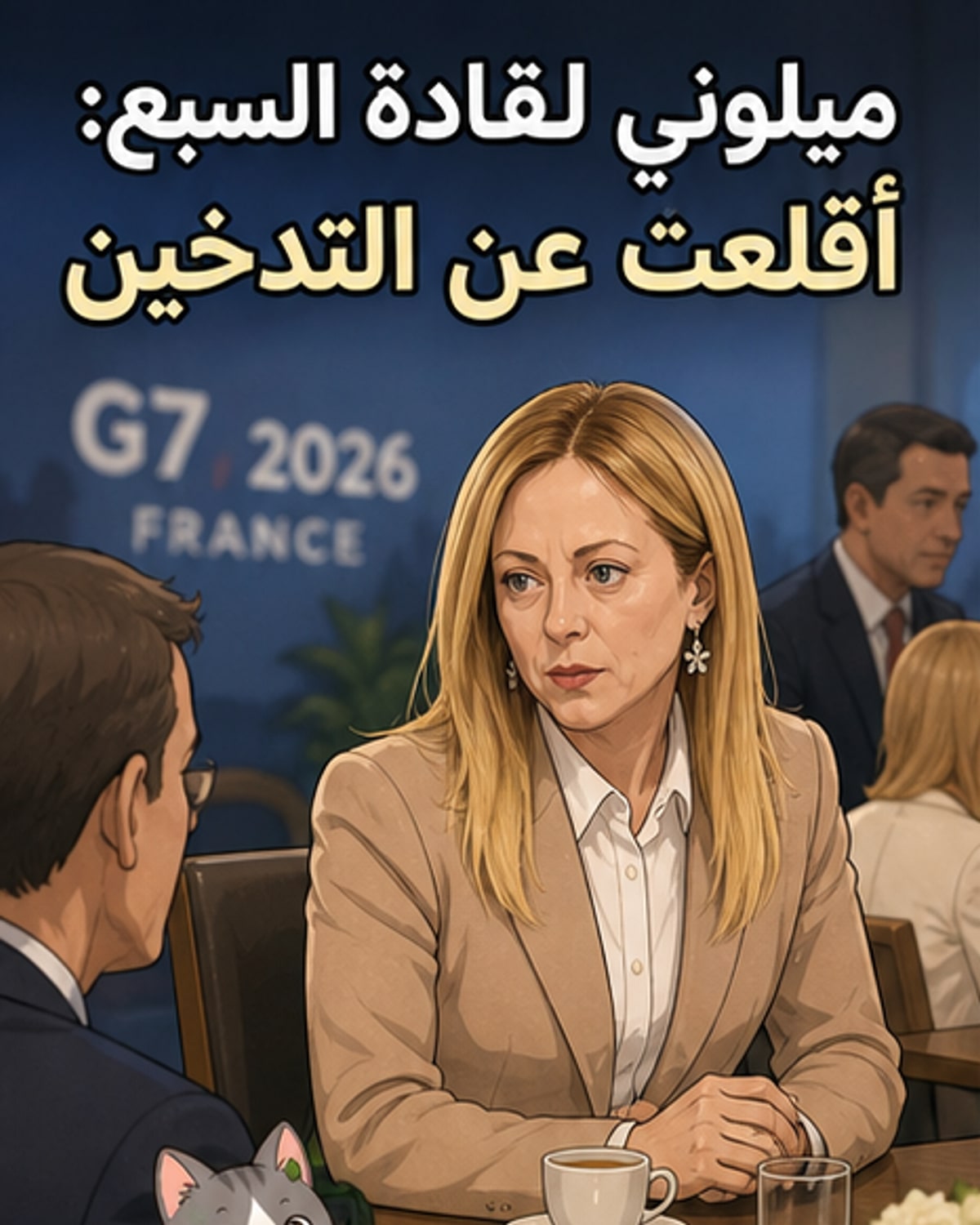 رسم كاريكاتوري لجورجيا ميلوني تقف بثقة بين قادة مجموعة السبع، وتبتسم بينما ترفض سيجارة وهمية، في مشهد يعكس لحظة إعلانها توقفها عن التدخين.