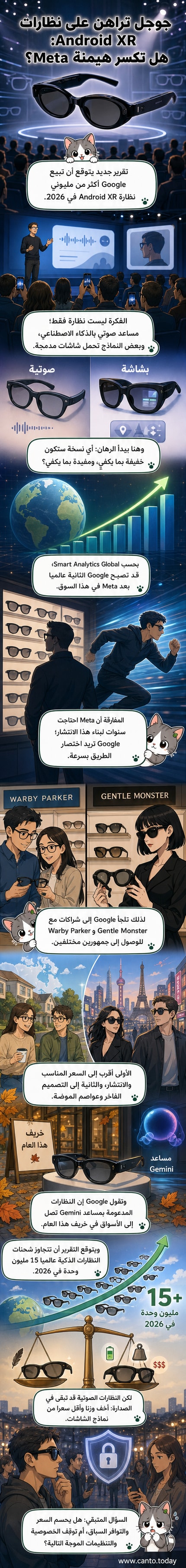 رسم توضيحي لشخص يرتدي نظارة ذكية من جوجل، مع واجهة رقمية تظهر معلومات حول البيئة من حوله.