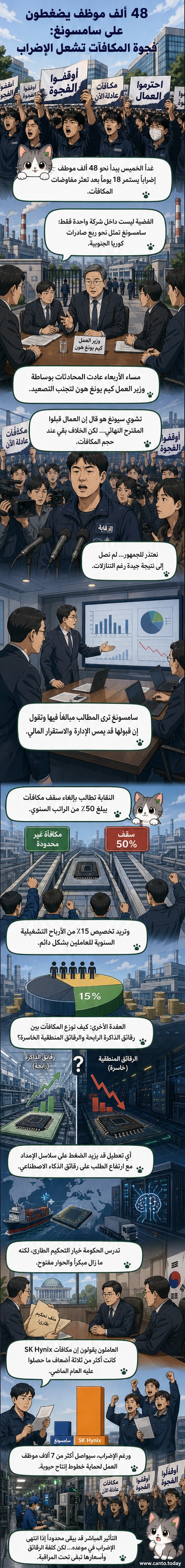 مصنع سامسونغ للإلكترونيات مع موظفين يحملون لافتات احتجاجية أمام بوابته، في مشهد يعكس توترات الإضراب العمالية بسبب فجوة الرواتب.