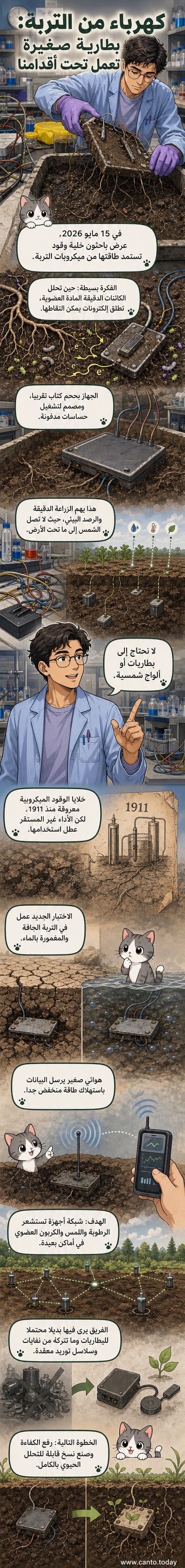 رسم توضيحي لجهاز صغير مدفون في التربة، يُظهر تدفق الطاقة الناتجة عن كائنات دقيقة حوله، مع إشارات لاسلكية تخرج من جهاز استشعار فوق سطح الأرض.