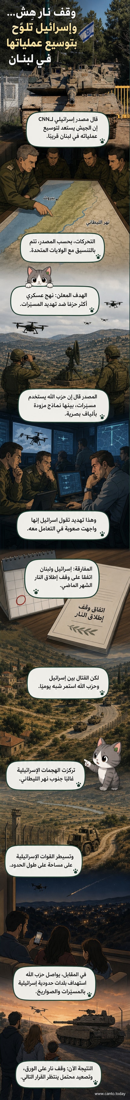 رسم توضيحي يظهر خريطة للحدود بين إسرائيل ولبنان مع إشارات إلى مواقع عسكرية وطائرات مُسيّرة تحلق فوق بيروت، وسط تصاعد التوترات.