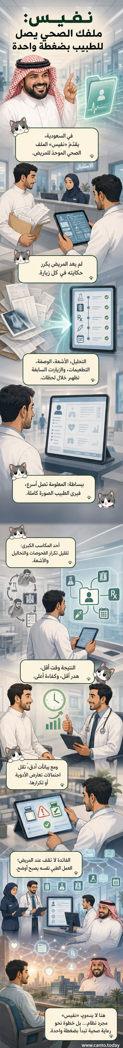 رسم توضيحي يظهر مريضاً في عيادة طبية، بينما تظهر على الشاشة سجلات طبية رقمية موحدة تحت شعار نفيس، مع أيقونات تمثل تحليلات وأشعة ووصفات دوائية متاحة فوراً.