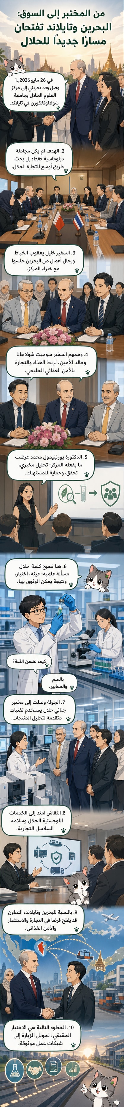 مبنى مركز العلوم الحلال في جامعة شولالونغكورن التايلاندية، مع علمي البحرين وتايلاند معلقين خلال اجتماع رسمي